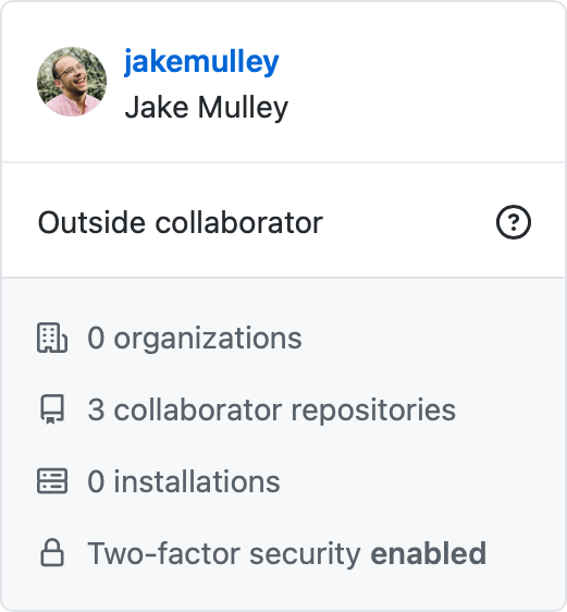 A screenshot of a GitHub user panel, showing that I had two-factor security enabled whilst part of an organisation